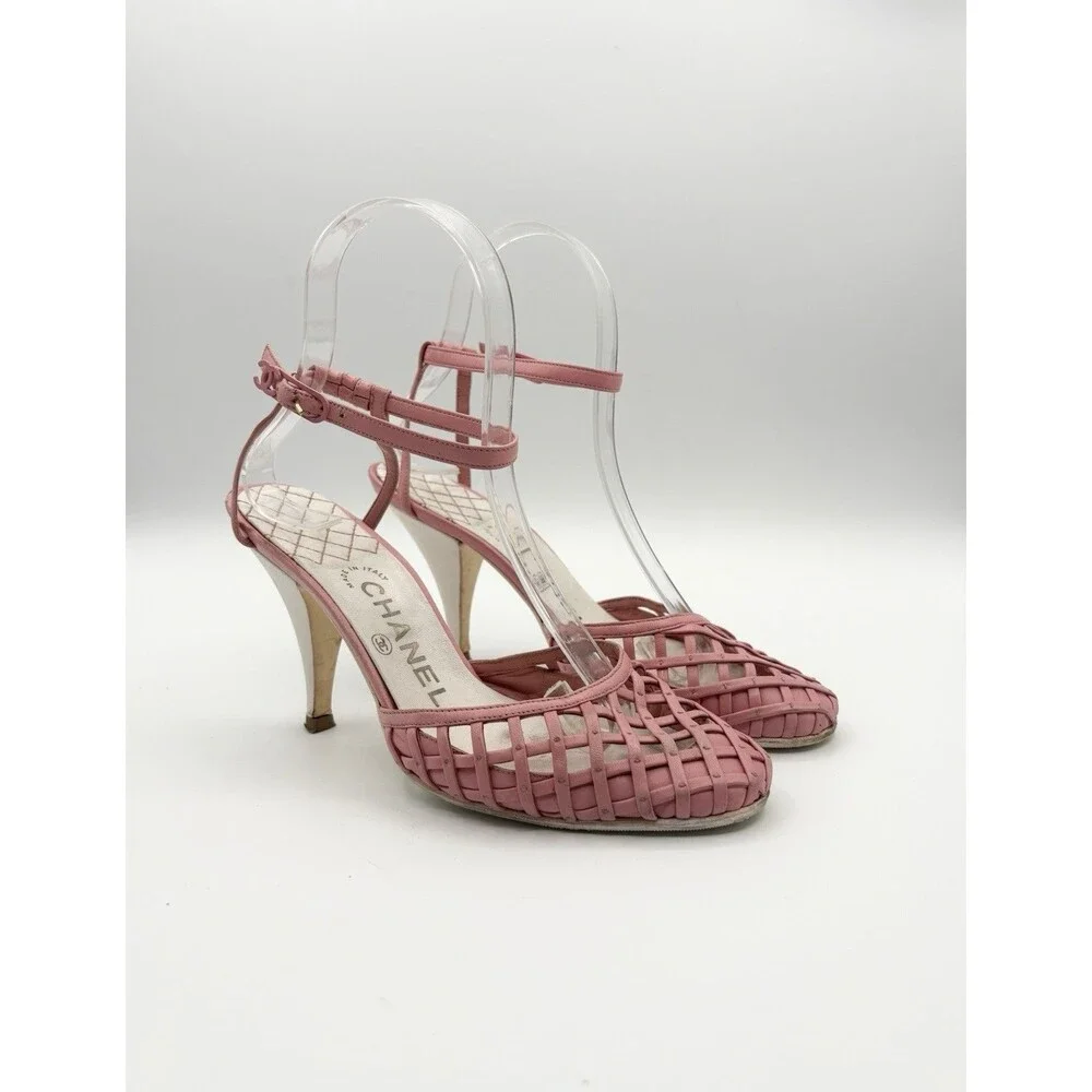 Chanel Pink Basketweave Leather CC Logo Ankle Strap Heels D'Orsay Sz EU 35.5 - Picture 3 of 12